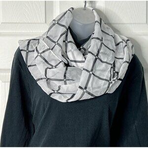 White Infinity Scarf with Black Check Pattern - Satin Feel - EUC